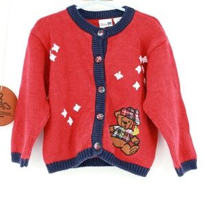 Vintage 90s Baby N Teddy Bear‎ Knit Cardigan Sweater Red Plaid 4T Ramie Blend